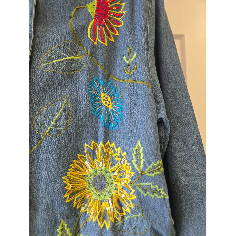 Vintage Embroidered Sunflower Ladybug Denim Jacket Blue Large L Cotton Pockets - Picture 3 of 16